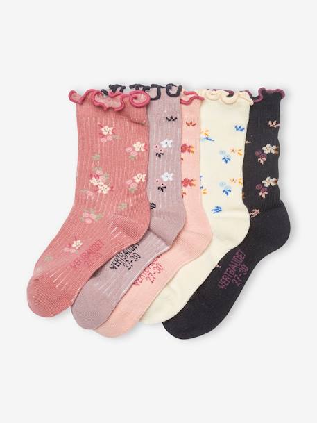 oeko-tex-Fille-Sous-vêtement-Chaussettes-Lot de 5 paires de chaussettes volantées à fleurs fille