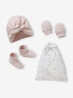Bébé-Accessoires-Ensemble bonnet + moufles + chaussons bébé fille en maille ajourée