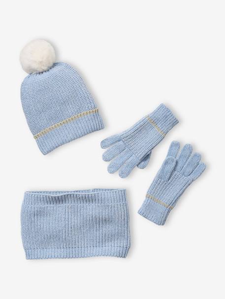 Ensemble bonnet + snood + gants maille chenille fille bleu clair 1 - vertbaudet enfant 