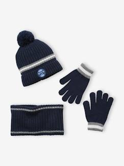 Garçon-Accessoires-Bonnet, écharpe, gants-Ensemble garçon bonnet + snood + gants en maille côtelée
