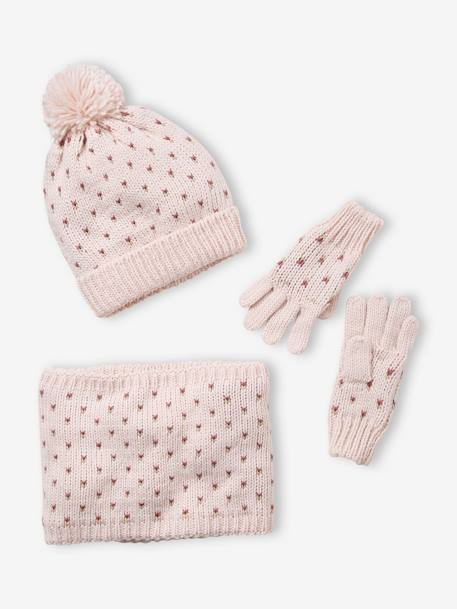 Ensemble bonnet + snood + gants coeurs fille BASICS encre imprimé+Rose 8 - vertbaudet enfant 