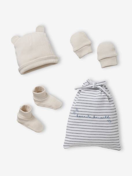 Ensemble bonnet + moufles + chaussons bébé garçon en maille ajourée beige clair 1 - vertbaudet enfant 
