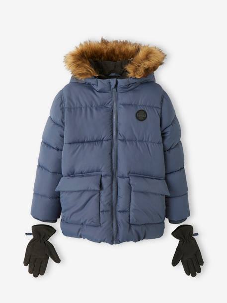 Doudoune à capuche doublée polaire avec gants ou moufles garçon BLEU+MORDORE 1 - vertbaudet enfant 