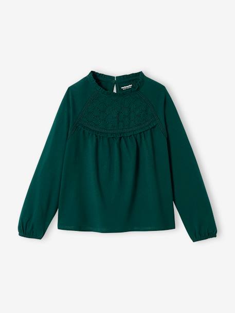Tee-shirt blouse fille détail broderie anglaise manches longues bleu pâle+écru+marine+mauve+vert foncé 17 - vertbaudet enfant 
