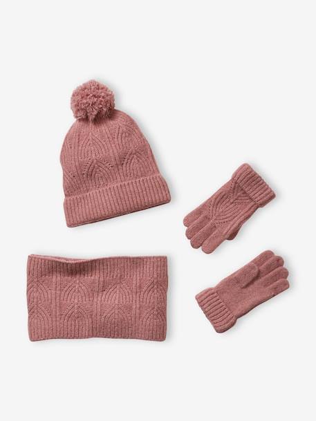 Ensemble fille bonnet, snood, gants en maille fantaisie gris chiné+ROSE 11 - vertbaudet enfant 