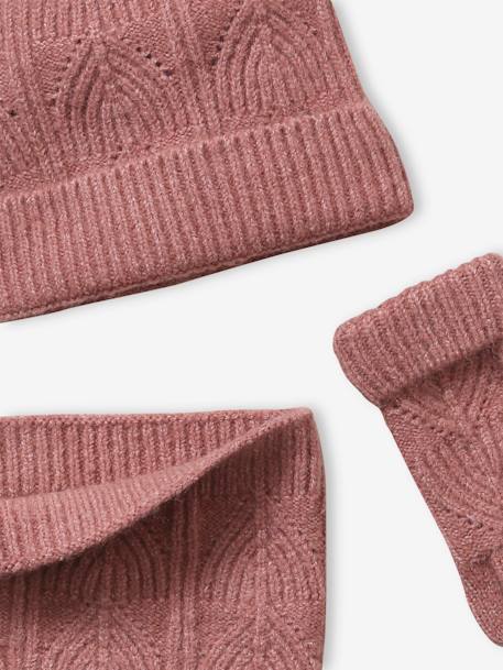 Ensemble fille bonnet, snood, gants en maille fantaisie gris chiné+ROSE 17 - vertbaudet enfant 