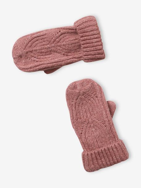 Ensemble fille bonnet, snood, gants en maille fantaisie gris chiné+ROSE 16 - vertbaudet enfant 