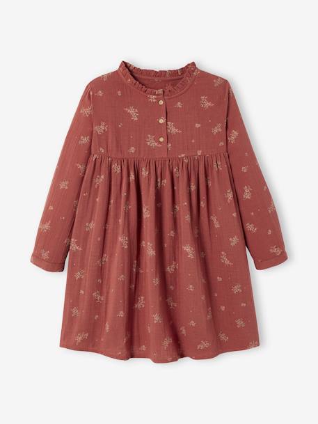 Robe en gaze de coton détails fantaisie fille beige+bleu grisé+bordeaux imprimé+rouge+vert imprimé 9 - vertbaudet enfant 