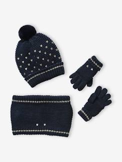 Fille-Accessoires-Bonnet, écharpe, gants-Ensemble bonnet + snood + gants coeurs fille