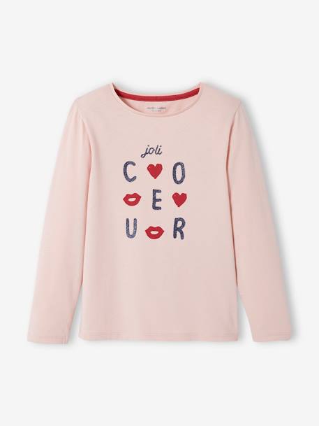 T-shirt Basics message irisé fille manches longues rose poudré 2 - vertbaudet enfant 