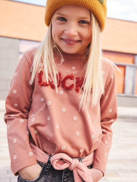T-shirt imprimé fille inscription frisou en relief marron+vert foncé 1 - vertbaudet enfant 