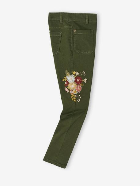 Pantalon slim brodé fleurs fille taille haute caramel+vert 14 - vertbaudet enfant 