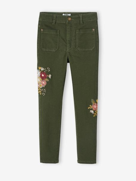 Pantalon slim brodé fleurs fille taille haute caramel+vert 13 - vertbaudet enfant 