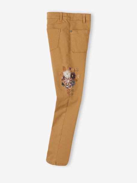 Pantalon slim brodé fleurs fille taille haute caramel+vert 5 - vertbaudet enfant 