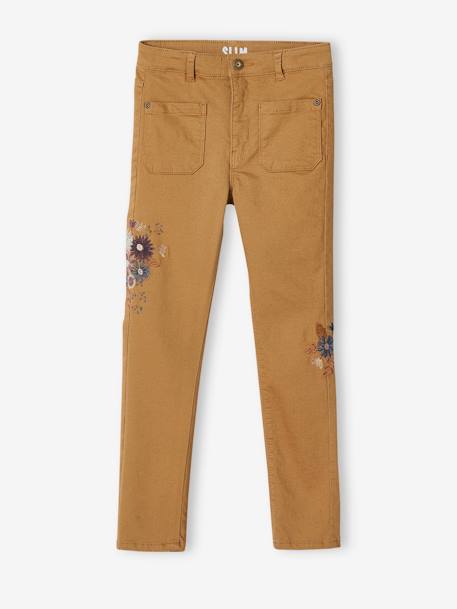 Pantalon slim brodé fleurs fille taille haute caramel+vert 4 - vertbaudet enfant 