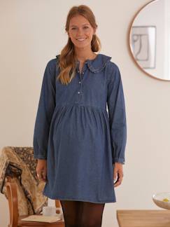 Vêtements de grossesse-Robe-Robe col claudine volanté grossesse et allaitement jean denim