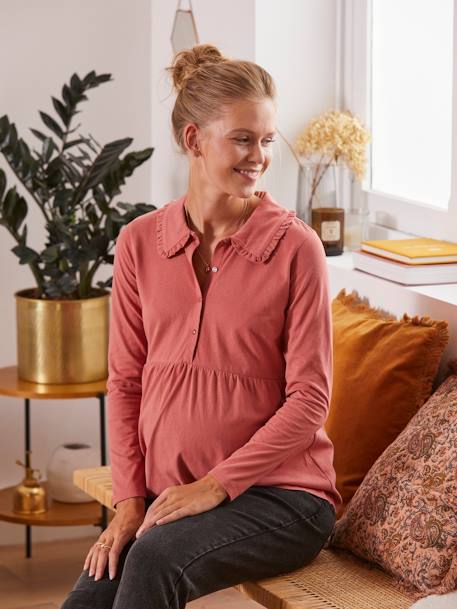 T-shirt blouse col volanté grossesse et allaitement Vieux rose 1 - vertbaudet enfant 