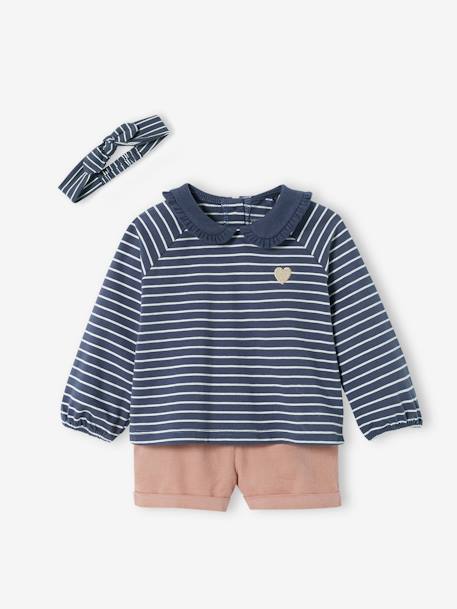 Ensemble 3 pièces bébé short en velours, T-shirt et bandeau bleu foncé rayé 1 - vertbaudet enfant 