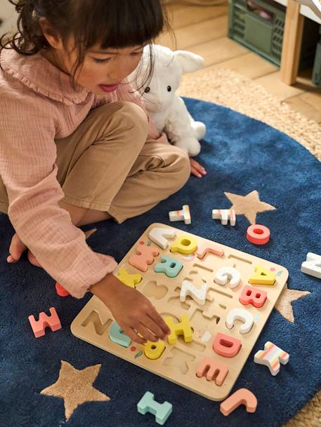 Puzzle lettres à encastrer en bois FSC® multicolore+ROSE CLAIR UNI AVEC DECOR 6 - vertbaudet enfant 