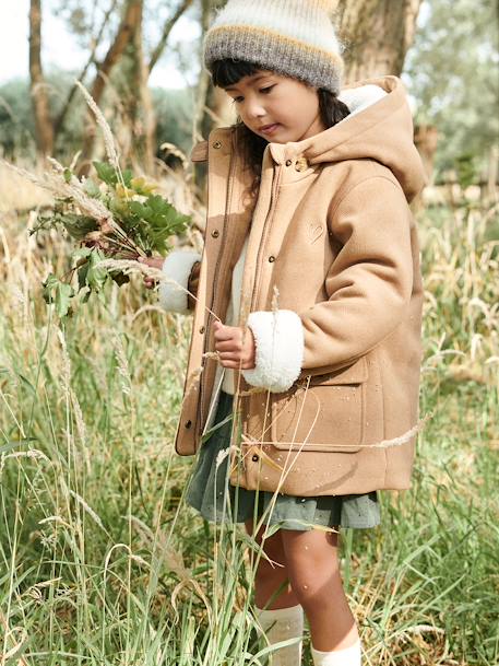 Manteau à capuche en drap de laine fille doublé sherpa chamois+vert foncé 1 - vertbaudet enfant 