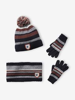 Garçon-Accessoires-Bonnet, écharpe, gants-Ensemble garçon bonnet + snood + gants rayés