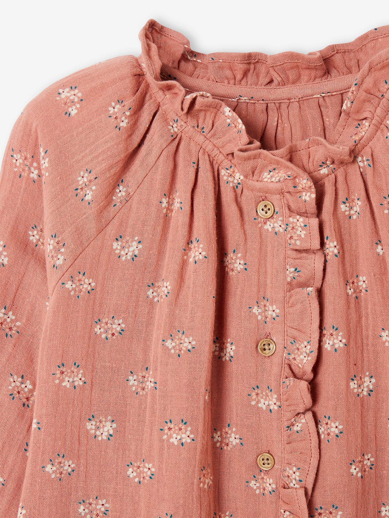 Blouse Fille Vertbaudet à Motifs Fleurs - Manches Longues élastiquées - Col Volanté - Tissu Viscose/coton Fluide - 6