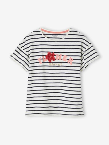 T-shirt fille animation relief et détails irisés fille abricot+bleu ciel+encre+rayé marine+vert amande 10 - vertbaudet enfant 
