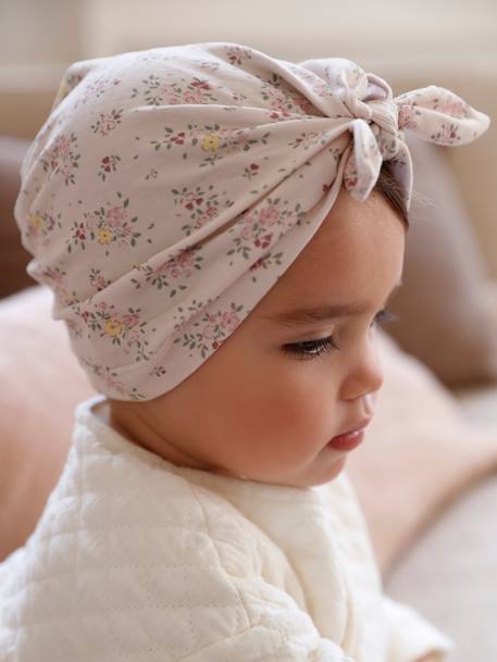 Bonnet esprit turban bébé fille en maille imprimée beige poudré - Vertbaudet