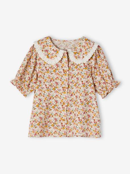Chemise à fleurs col claudine fille manches courtes écru 3 - vertbaudet enfant 