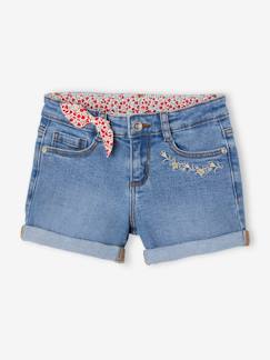 Short en jean brodé fleurs fille noeud imprimé fleurs  - vertbaudet enfant