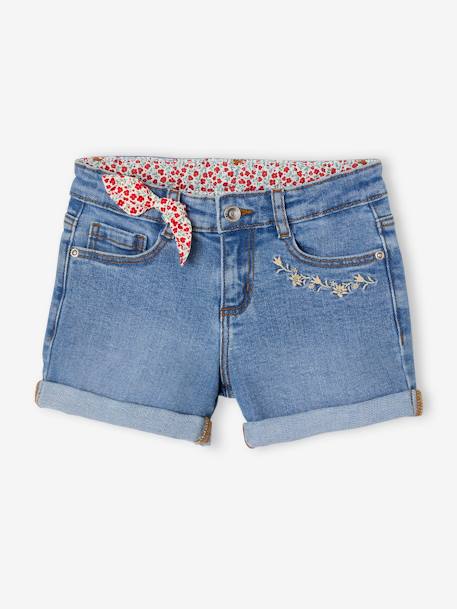 Fille-Short-Short en jean brodé fleurs fille noeud imprimé fleurs