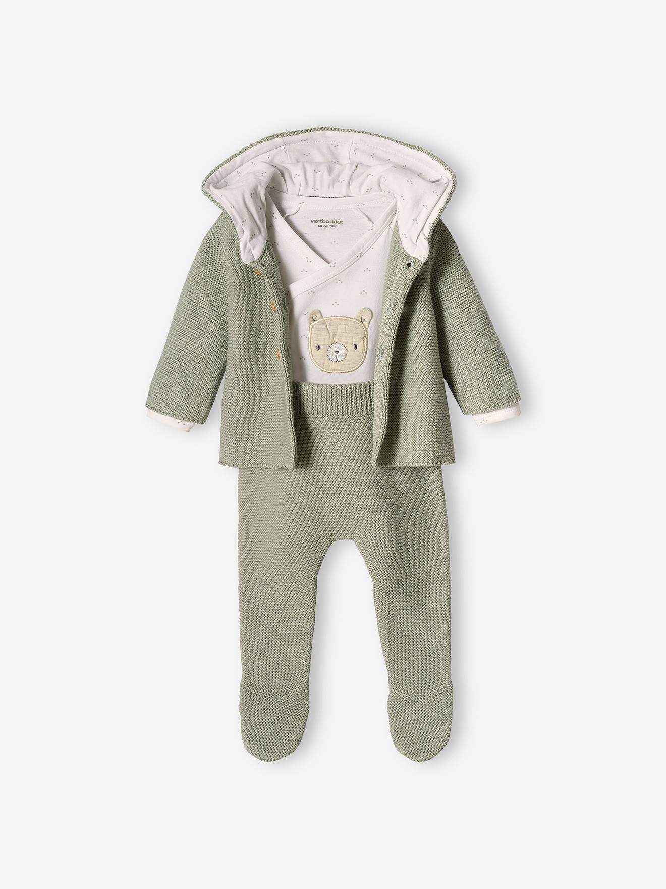Ensemble Naissance Bébé Ours - Brassière Manches Longues + Pantalon à Pieds - Molleton Doux - Taille Naissance