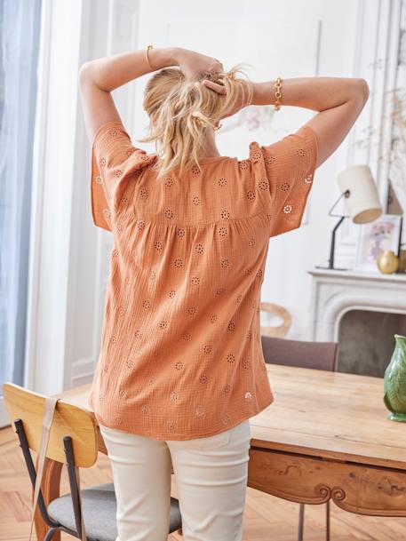 Blouse gaze de coton brodé grossesse et allaitement écru+terracotta 6 - vertbaudet enfant 