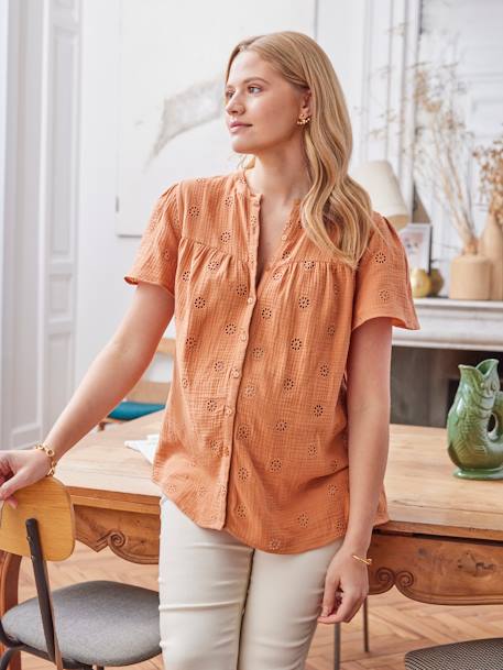 Blouse gaze de coton brodé grossesse et allaitement écru+terracotta 8 - vertbaudet enfant 