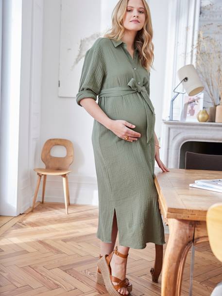 Robe-chemise longue gaze de coton grossesse et allaitement marine+olive 11 - vertbaudet enfant 