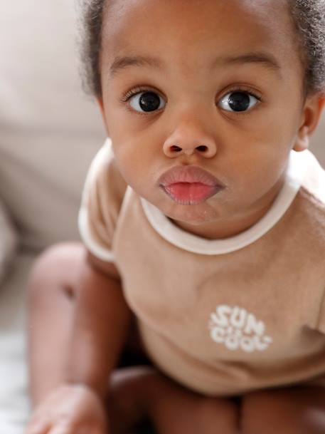 Ensemble bébé tee-shirt + short en éponge bleu grisé+rayé bleu+taupe 27 - vertbaudet enfant 