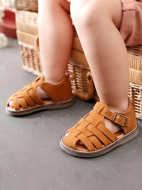 Sandales en cuir bébé mixte bout fermé bleu marocain+Camel 15 - vertbaudet enfant 
