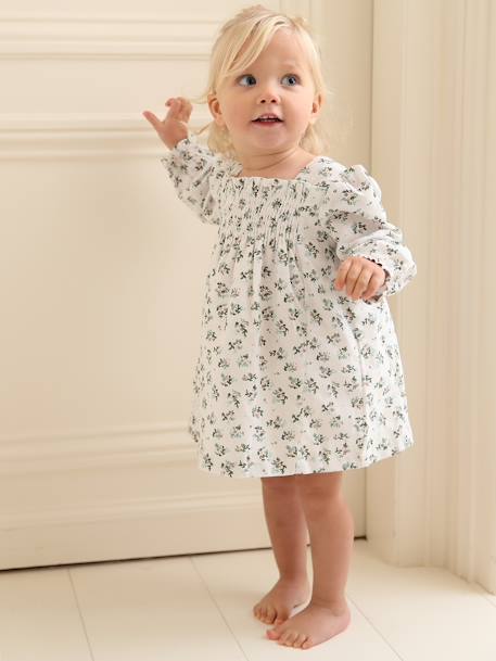 Robe à smocks bébé fleuri blanc 1 - vertbaudet enfant 