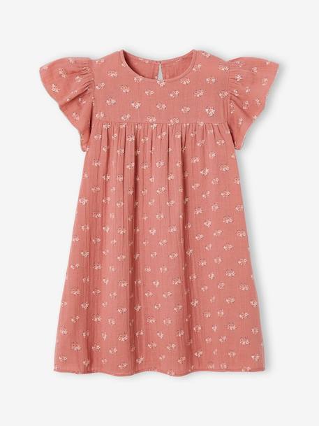 Robe fille en gaze de coton imprimée manches papillon tomette+vert d'eau 1 - vertbaudet enfant 