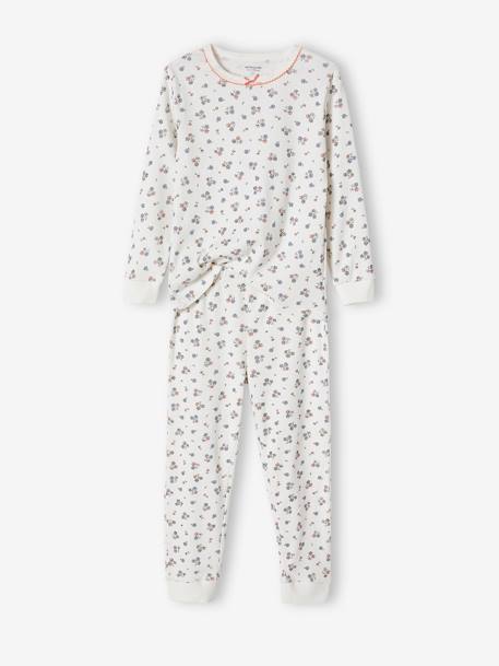 Pyjama fille personnalisable en maille côtelée avec imprimé fleuri écru 1 - vertbaudet enfant 