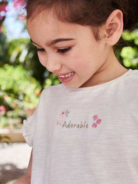 T-shirt fille brodé 'adorable' manches courtes smockées écru 1 - vertbaudet enfant 