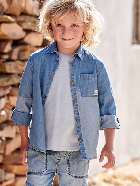 Chemise en jean garçon avec empiècements contrastés stone 1 - vertbaudet enfant 