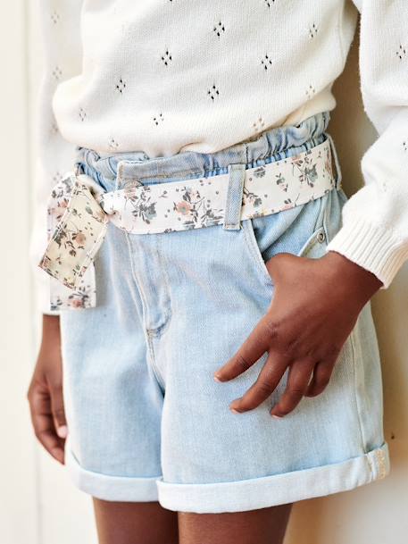 Short en denim style 'paperbag' fille denim bleached+stone 9 - vertbaudet enfant 