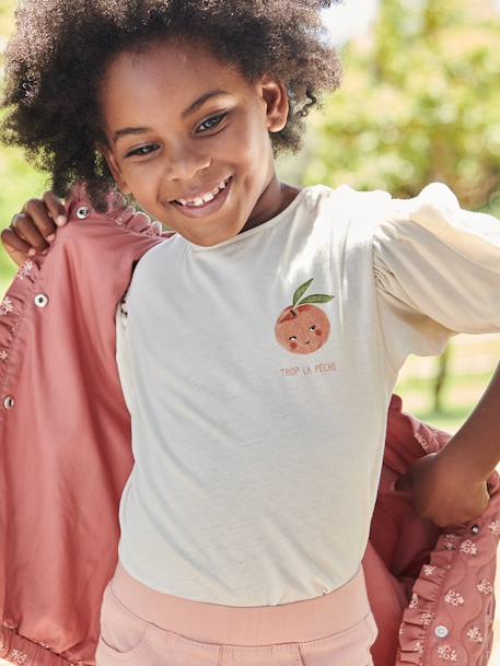 T-shirt manches boules fille motif fruit poitrine écru+rose pâle 1 - vertbaudet enfant 