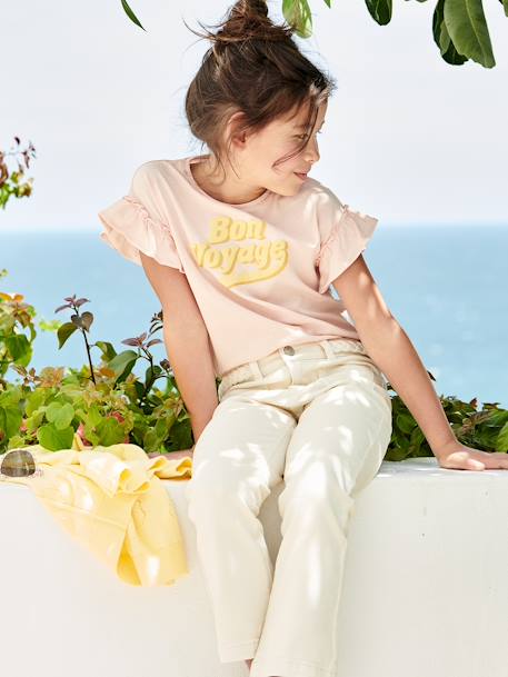 T-shirt à message en encre gonflante fille manches courtes volantées rose pâle 1 - vertbaudet enfant 