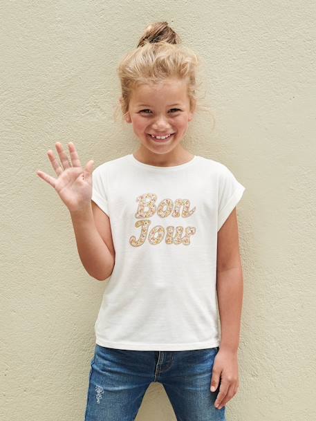 T-shirt à message motifs fleurs fille bleu ciel+écru+jaune pâle 6 - vertbaudet enfant 