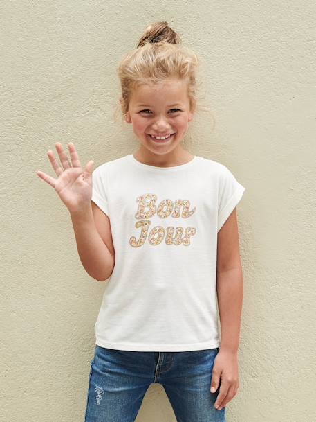 T-shirt à message motifs fleurs fille bleu ciel+écru+jaune pâle+marine 6 - vertbaudet enfant 