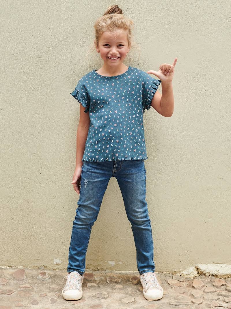 T-Shirt Bébé Fille à Imprimé Fleuri - 100% Coton - Manches Volantées - VERTBAUDET