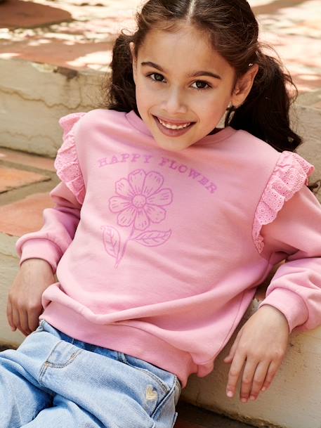 Sweat motif fleur flocké fille volants en broderie anglaise rose bonbon 3 - vertbaudet enfant 