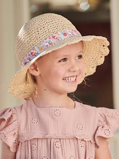 Fille-Accessoires-Bonnet, écharpe, gants-Chapeau aspect paille effet crochet avec ruban imprimé fille